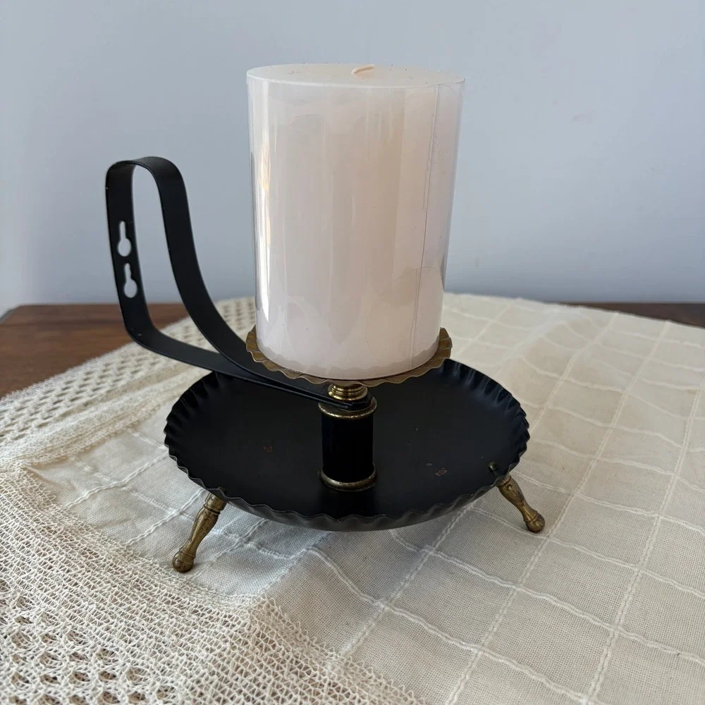 Vintage Black Metal Pillar Candle Holder Wall Sconce Brass Tripod Feet Scalloped